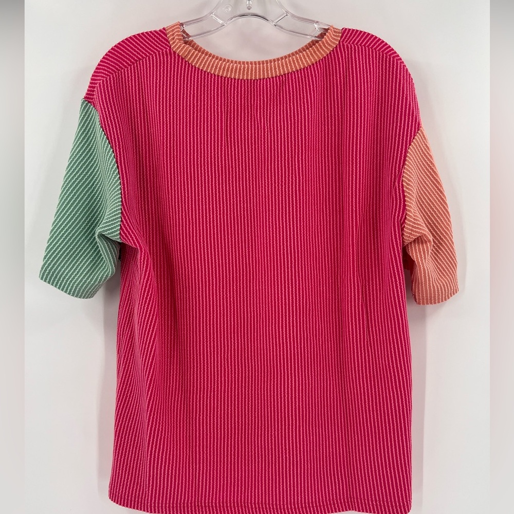 Amazon Corded Color Block Top short Sleeve Crewneck Patchwork Pullover NWOT